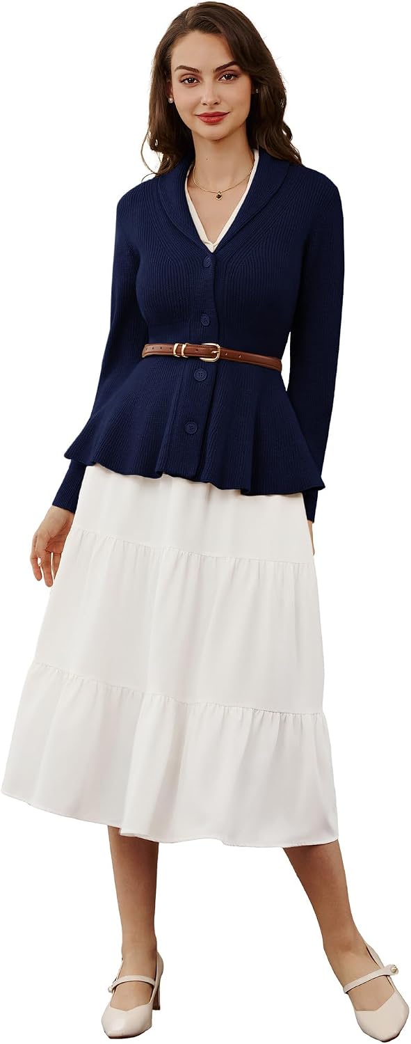 Belle Poque Damen Strickjacke Langarm Reverskragen Cardigan mit Rüschensaum Casual Strickmantel S Ma