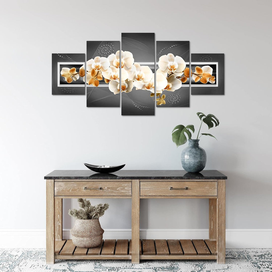 Runa Art Wandbilder Blumen Orchidee 5 Teilig Bild auf Vlies Leinwand Deko Wohnzimmer Abstrakt Grau B