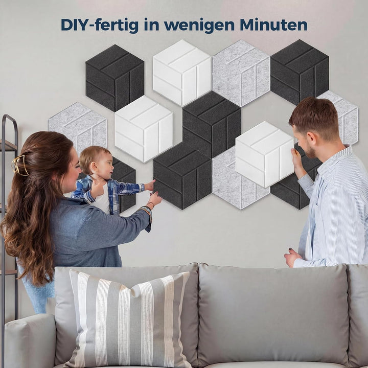 12 Stück Hexagon Akustikplatten Selbstklebend, 30 x 26 x 0,9 cm Hohe Dichte schallabsorber wand, Sch