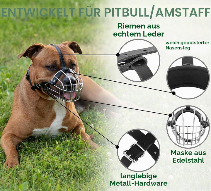 BRONZEDOG Maulkorb für Hunde, Metallmaske, für Amstaff, Pitbull, verstellbare Lederriemen für grosse
