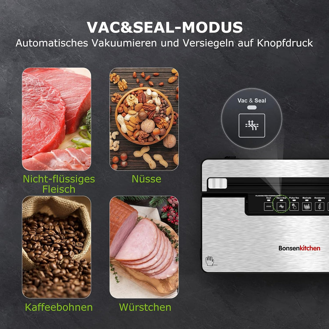 Bonsenkitchen Vakuumierer, Stark Vakuumiergerät mit 5 Modi, 8 L/Min, Globefish-Technologie für Konti