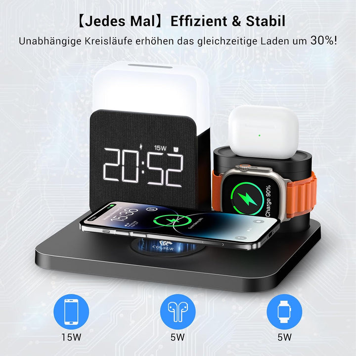 COLSUR 5 in 1 Ladestation für Apple mit Nachttischlampe und Wecker Schwarz, Schwarz