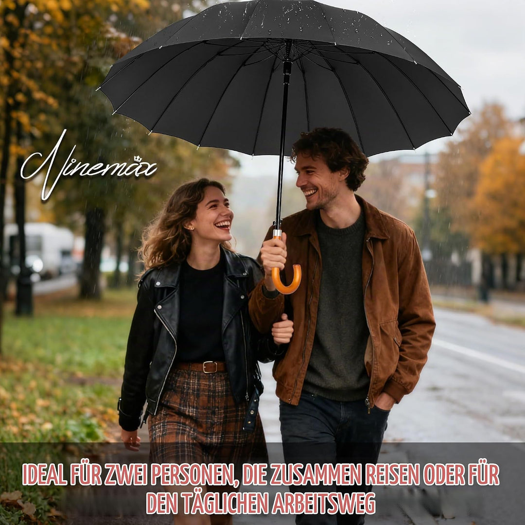 NINEMAX Regenschirm Stockschirm Sturmfest für Herren Damen, Grosser Regenschirm Holzgriff, Classic S