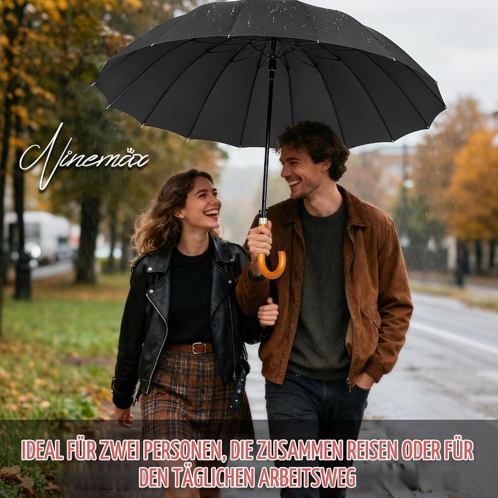 NINEMAX Regenschirm Stockschirm Sturmfest für Herren Damen, Grosser Regenschirm Holzgriff, Classic S