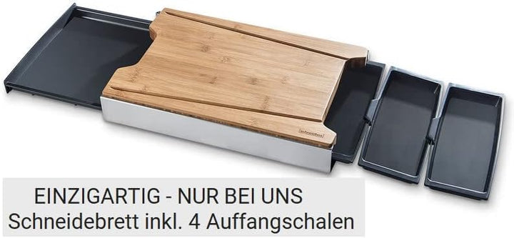Schneidbox Bambus - Schneidebrett Mit 4 Auffangschalen Im Edelstahlkasten - Patentiertes Trennsystem