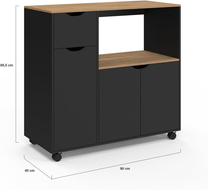IDMarket - Mikrowellen-Küchenwagen COSI XXL Schränke mit schwarzer Holzschublade und Buchenholzplatt