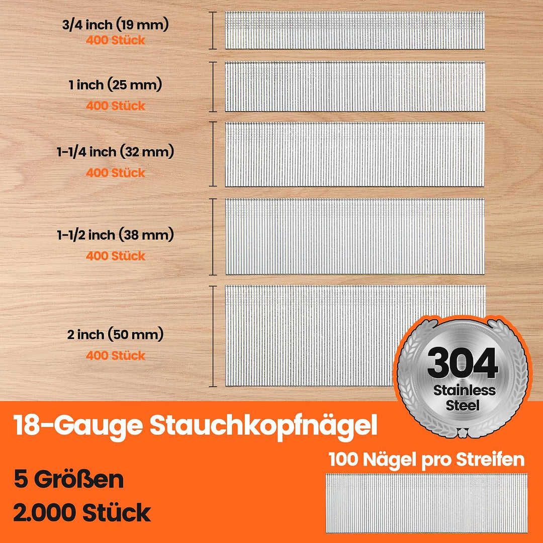 meite Edelstahl Stauchkopfnägel 18GA, 2.000 Stück Sortiment in 5 Grössen (19mm, 25mm, 32mm, 38mm, 50