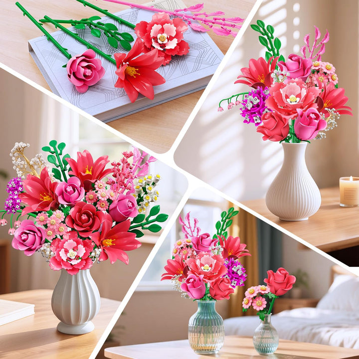 CUBIMANA 21 Blumen Blumenstrauss Bauset mit Licht für Erwachsene Mädche 12+ Rosa, Rosa