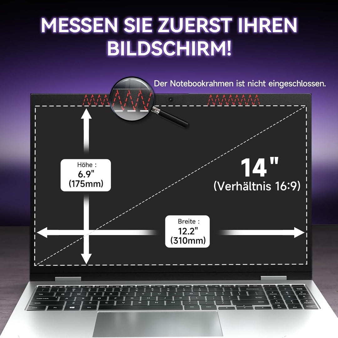 Blickschutzfolie für Laptop 14 Zoll 16:9, Anti Glare &amp; Blaulichtfilternd, Mit Randseitigen Klebestre