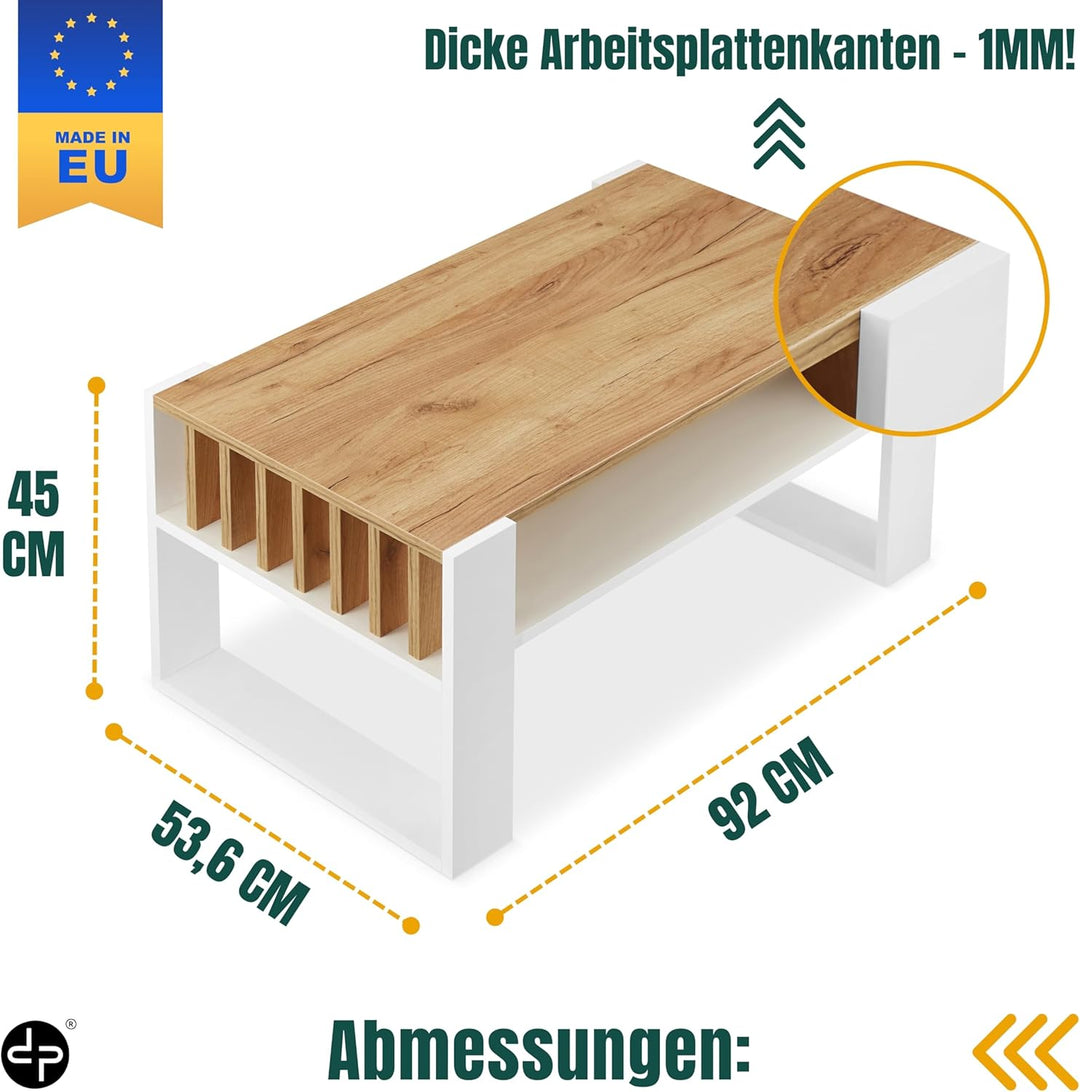 defiPad Couchtisch Eiche Weiss im Lamellendesign mit Stauraum, 92x50 cm Weiss + Eiche, Weiss + Eiche