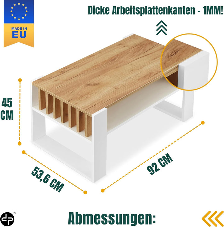 defiPad Couchtisch Eiche Weiss im Lamellendesign mit Stauraum, 92x50 cm Weiss + Eiche, Weiss + Eiche