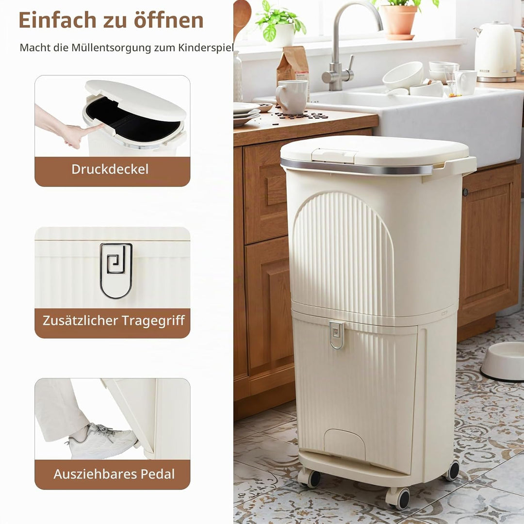 LIFEZEAL 38L / 42L Mülleimer auf Rädern, Abfalleimer mit 3 Fächern &amp; Deckel, Tretmülleimer mit Griff