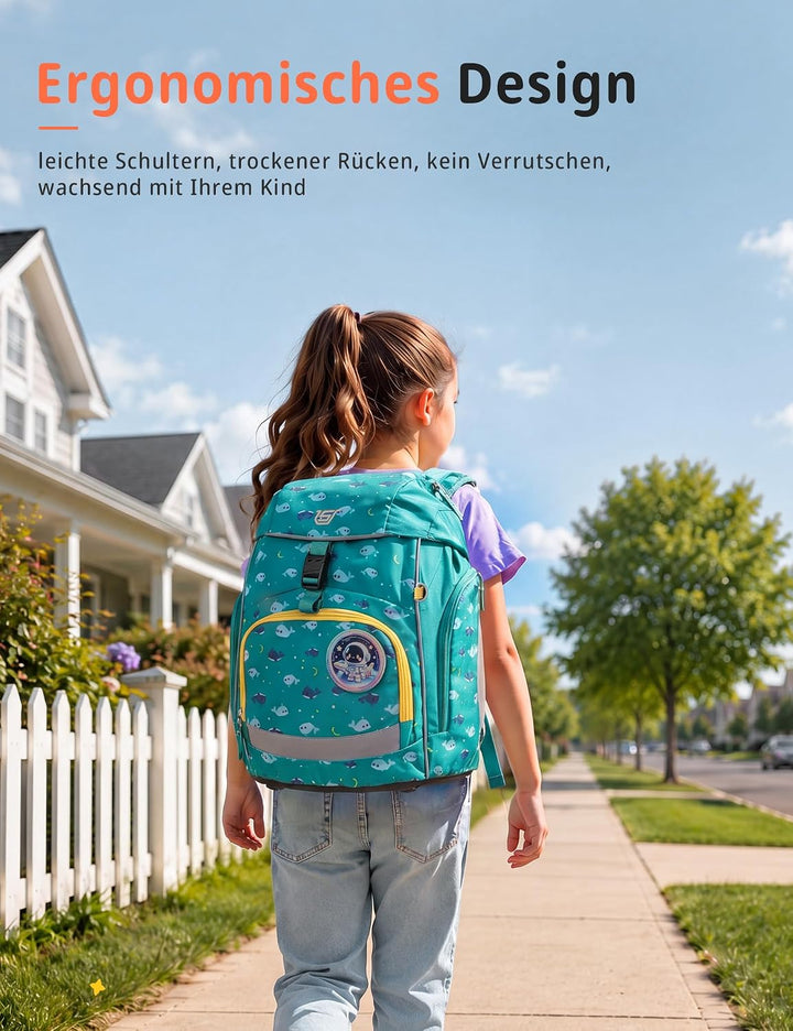 SKYSPER Schulranzen-Set 5-teilig, Schulrucksack Ergonomischer Tragesystem Ozean, Ozean