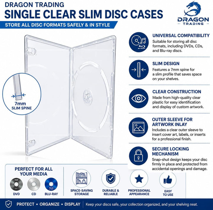 (50 Stück) Single SLIM 7 mm transparent DVD/CD/Blu RAY Hüllen