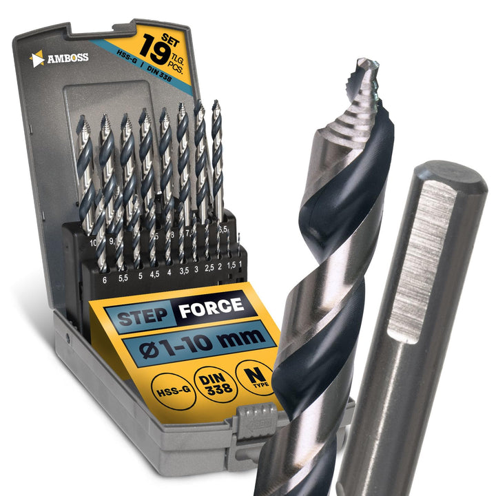 Spiralbohrer Step Force 19tlg. SET Ø1-10 mm - HSS-G DIN 338 für Stahl, Baustahl, Alu, Buntmetalle AM