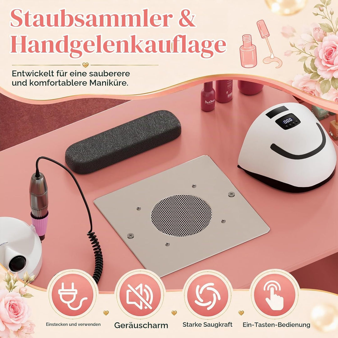 MSFE Maniküre Tisch Nageltisch mit Absaugung, Stil Nagelstudio Tisch mit 2 Staubsaugerbeuteln, Schub