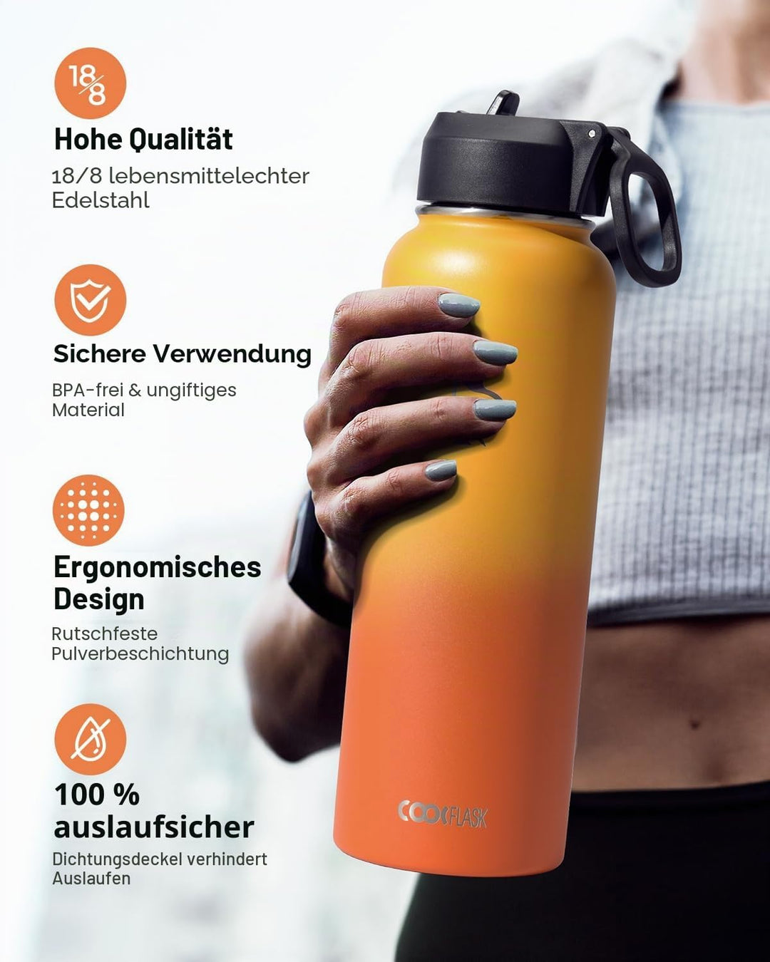 Wasserflasche 40 oz (1,2 l) isoliert mit Strohhalm &amp; Bürste, Coolflask Vakuum Edelstahl Metall 3 Dec