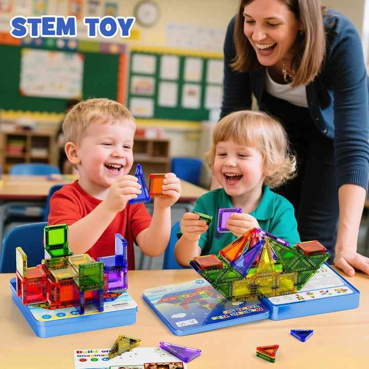 Magnetische Bausteine für Kinder 60pcs Magnetbausteine STEM Magnetische Tiles mit tragbarer Stahlbox