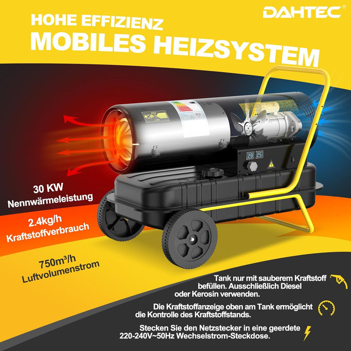 30 kW Heizkanone Diesel Bautrockner, Grosstank Bauheizer, 750 m³/h Heizgebläse mit Thermostat, Ölbeh
