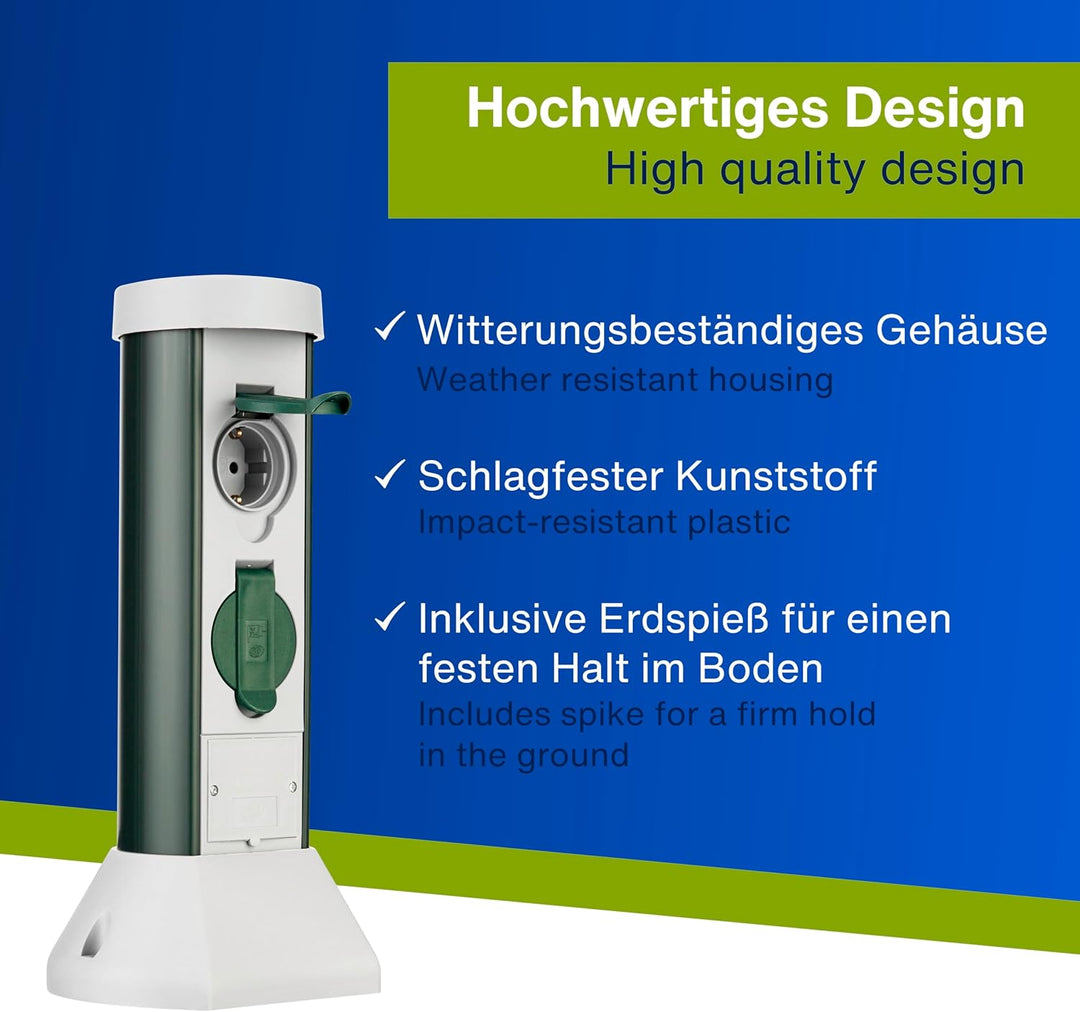 REV 0068200021 GreenCraft, Garten Steckdosen, H37cm, Kabel 2m, 2fach, IP44, 3500W, grün, 37,5 x 18,1