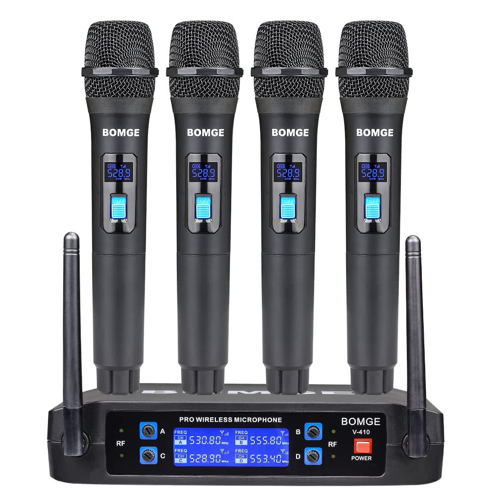 BOMGE Kabelloses Mikrofonsystem, Pro 4-Kanal schnurloses Mikrofon-Set mit vier Handmikrofonen, feste