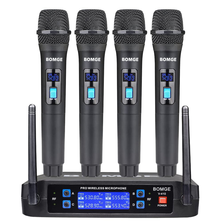 BOMGE Kabelloses Mikrofonsystem, Pro 4-Kanal schnurloses Mikrofon-Set mit vier Handmikrofonen, feste