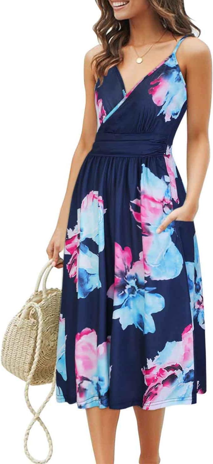 OUGES Kleid Damen Spaghettiträger Sommer Kleider Knielang V-Ausschnitt Strandkleid mit Taschen XL Fl