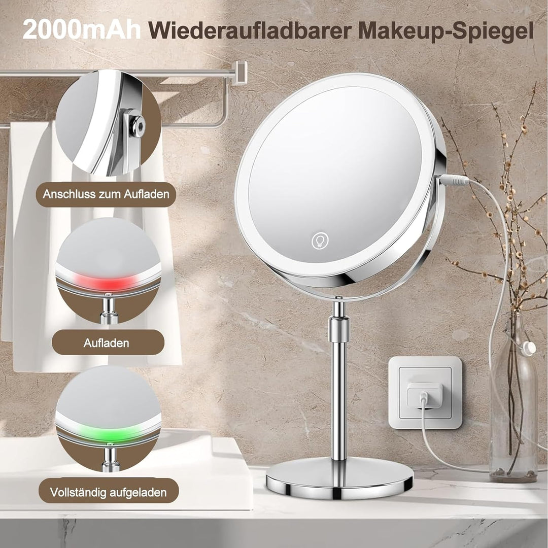 SURFOU 8 Zoll Kosmetikspiegel mit Beleuchtung, 10X/1X Doppelseitig - Höhenverstellbarer Schminkspieg