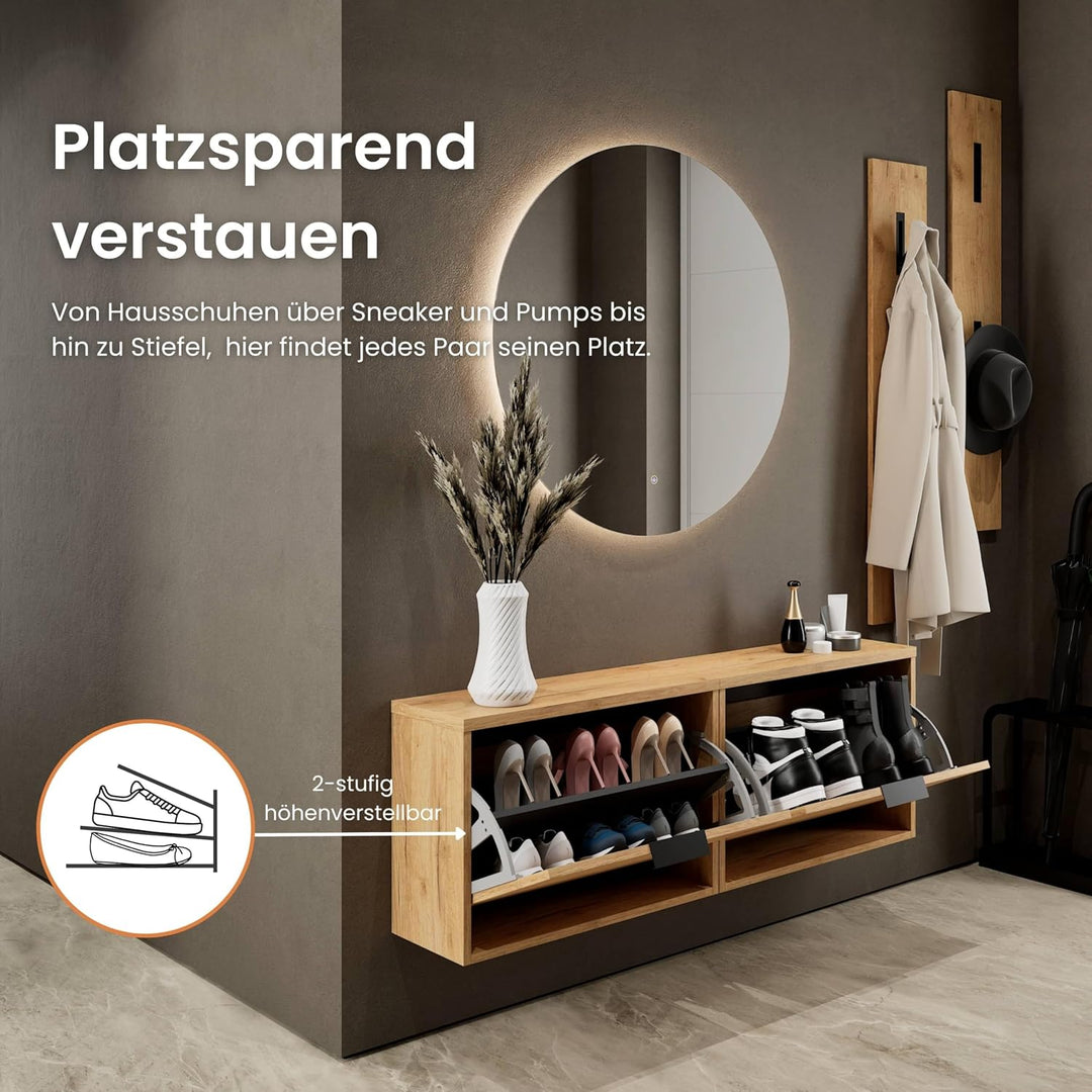 Planetmöbel 2 x Schuhschrank schmal mit 1 Klappe platzsparender Gold Eiche 2x 1 Klappe, Gold Eiche 2