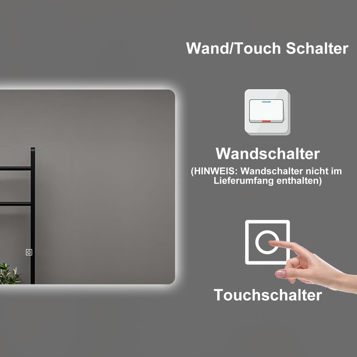 Aica Sanitär Badspiegel Asymmetrisch 50×45cm 3 Lichtfarben dimmbar Memory Touch Wandschalter Beschla