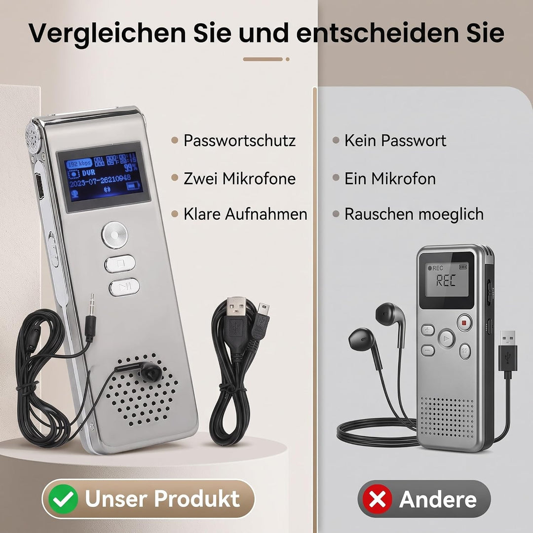 Ejoyous Diktiergerät, 300 MAh, Digitalrekorder, Dual-Mikrofon, 192 KBit/s Bitrate, Einfache Bedienun