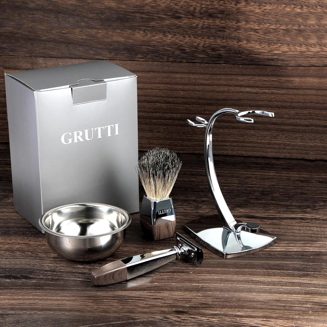 GRUTTI Vintage Deluxe Rasierset：Nassrasier-Set mit Magnet-Schale, Edelstahl Bürstenständer&amp; Anti-Rut