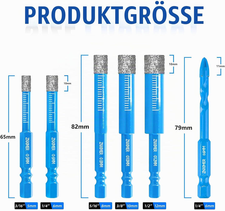 Fliesenbohrer Diamantbohrer Glasbohrer Set 10-tlg. 5, 5, 6, 6, 8, 8, 10, 10, 12 mm + 6 mm Karbidbohr