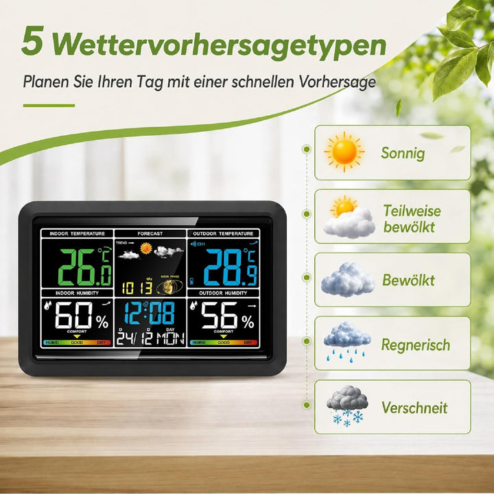 Wetterstation Funk mit Aussensensor, Innen- und Aussentemperatur, Luftfeuchtigkeit, Wettervorhersage