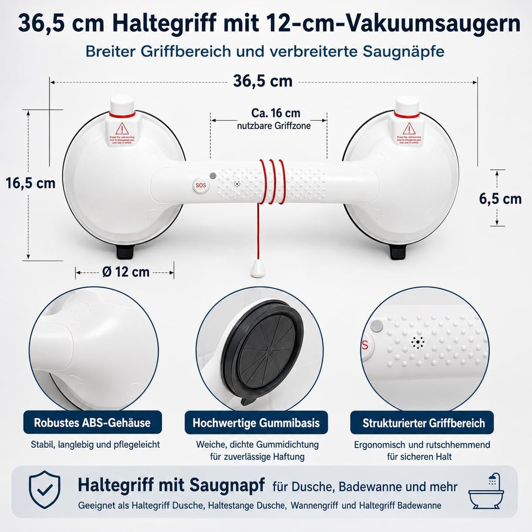 Magicbox Haltegriff Dusche ohne Bohren mit akustischem Alarm, 36,5 cm Haltegriff mit Saugnapf und na