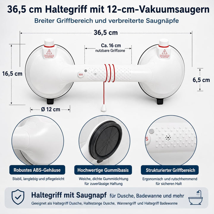 Magicbox Haltegriff Dusche ohne Bohren mit akustischem Alarm, 36,5 cm Haltegriff mit Saugnapf und na