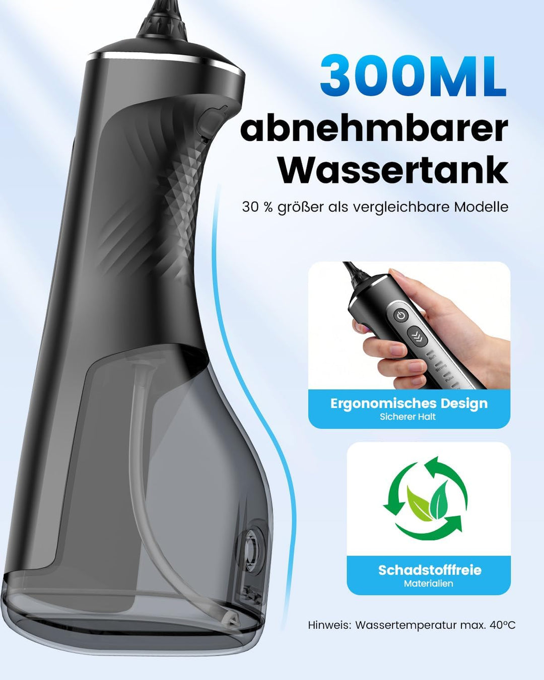 JTF Munddusche Kabellos Elektrische 300ML Wassertank, 10 Stufen Stufenlose Modi Testsieger 2026, IPX