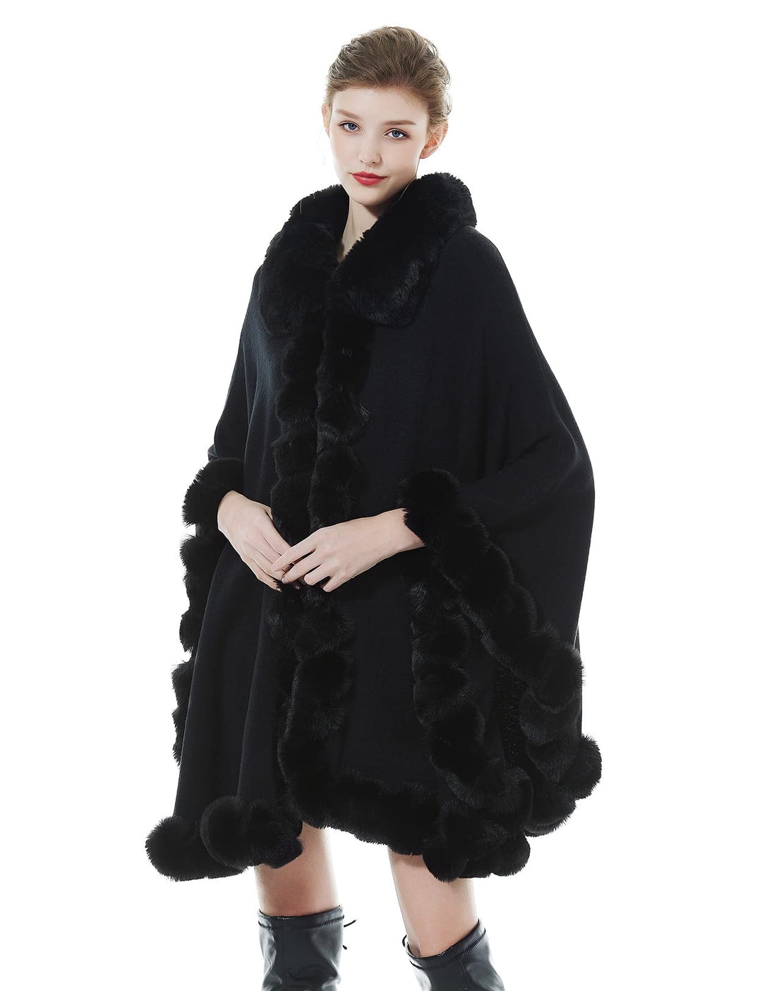 BEAUTELICATE Kunstpelz Poncho Cape Strick Damen Winter Kunstfell Stola Schal Cape Cardigan Warm mit