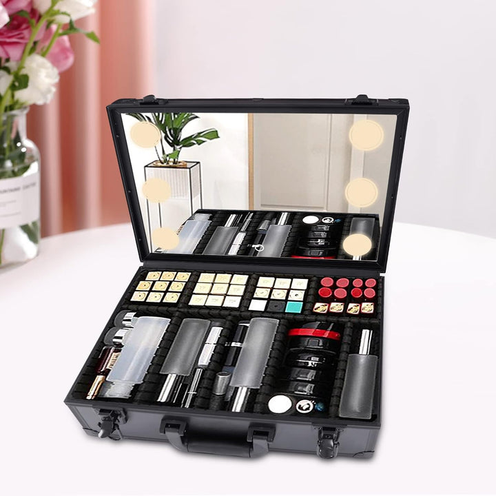 Make-up Koffer mit Lichtern und Spiegel | Grosser Organizer mit individuellen Trennwänden | Tragbare