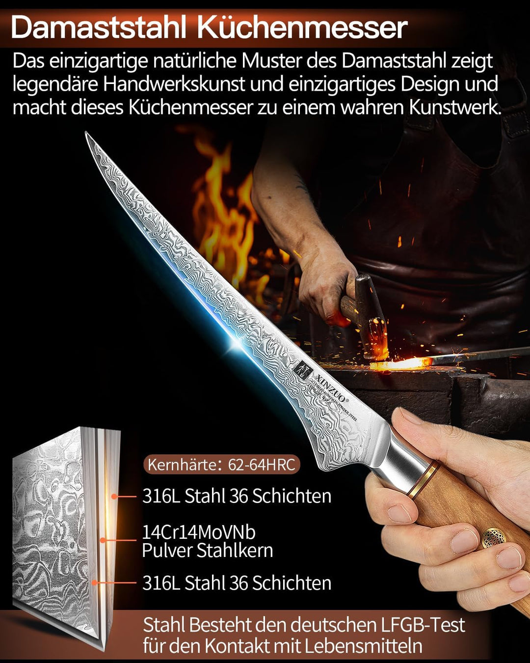 XINZUO 17,8cm Damastpulverstahl Filetiermesser, 73 Schichten Damastmesser Fischmesser Profi Kochmess