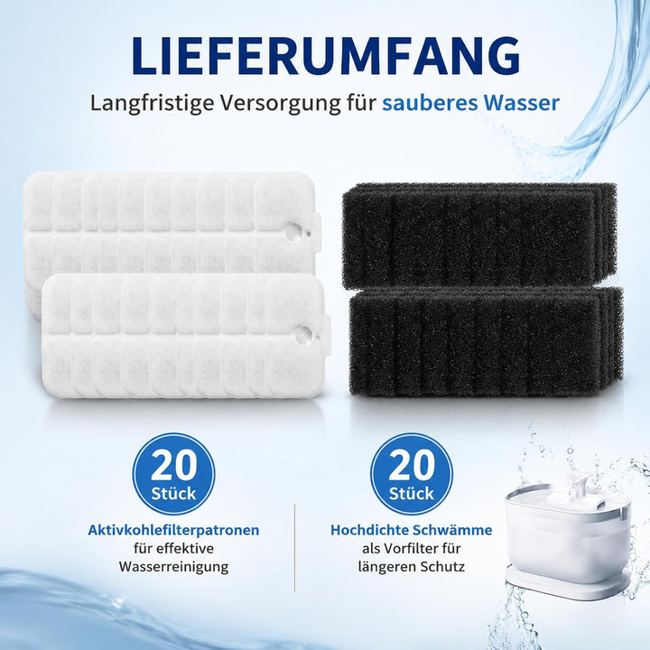 40 Stück Katzenbrunnen Filter Set, Ersatzfilter für Katzenbrunnen, 20 Filter Kartuschen und 20 Schau