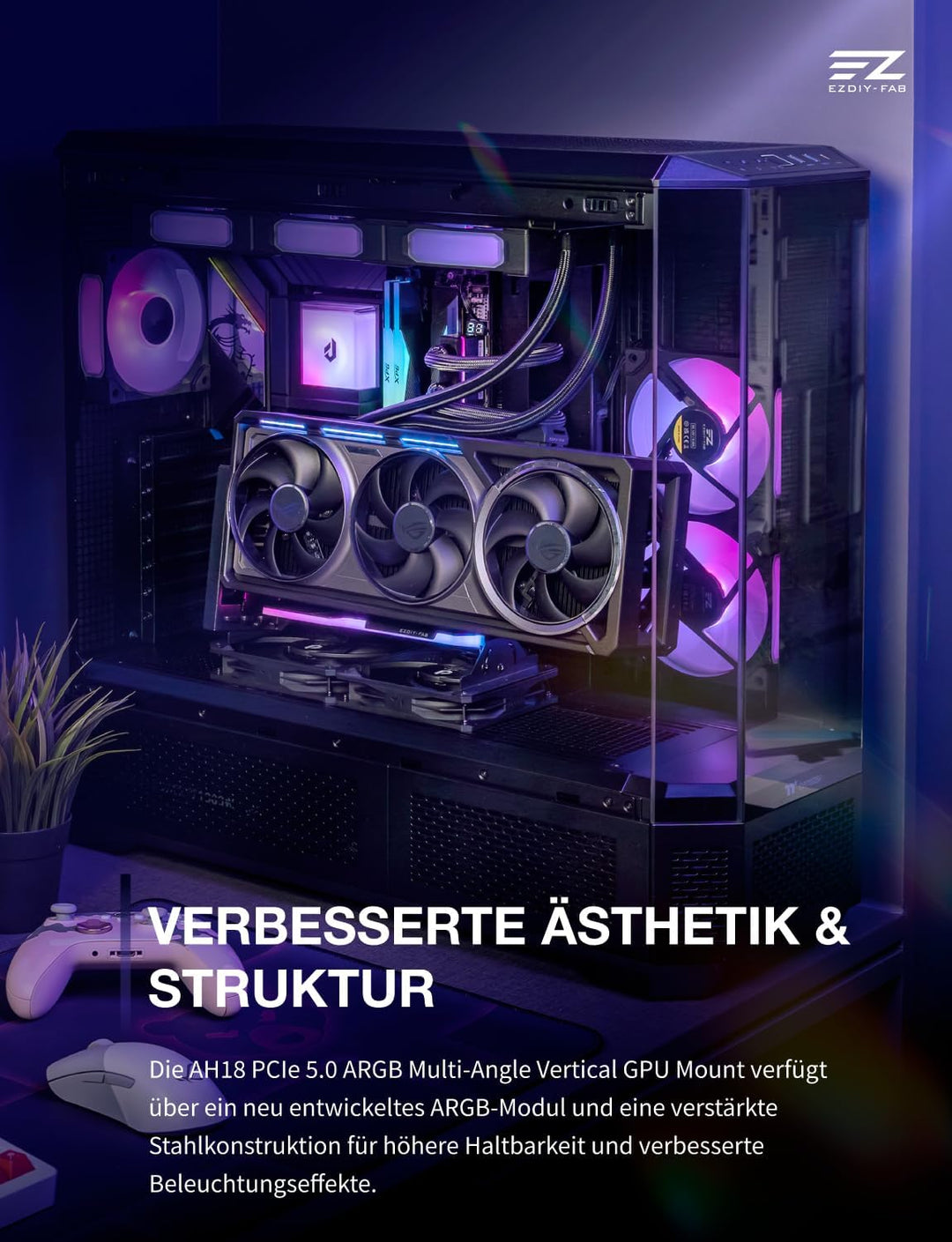 EZDIY-FAB AH18 PCIe 5.0 ARGB Multiwinkel Vertical GPU Mount Kit,Schwarz, Schwarz