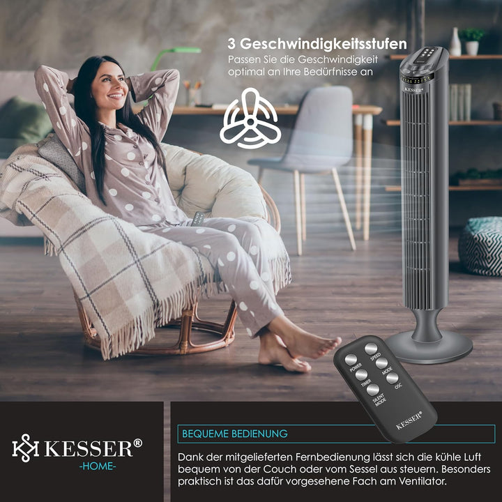 KESSER® Turmventilator mit Fernbedienung | 90° Oszillationswinkel | 3 Stufen | 90 cm |+ Timerfunktio