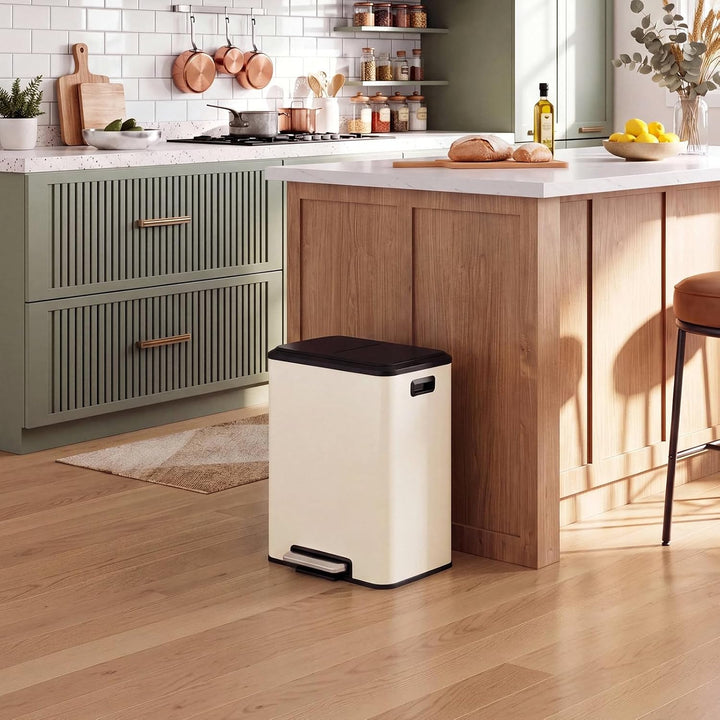 LIFERUN Mülleimer 2 Fächer, Mülltrennsystem 2 x 15 L,Sandbeige, Sandbeige