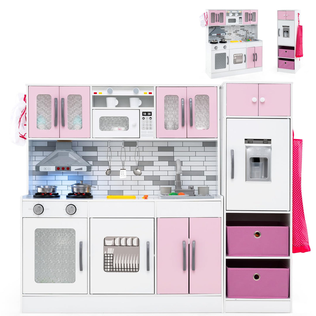 COSTWAY Kinderküche mit Licht, Sound &amp; Wasserfunktion, modulare Spielküche Rosa, Rosa