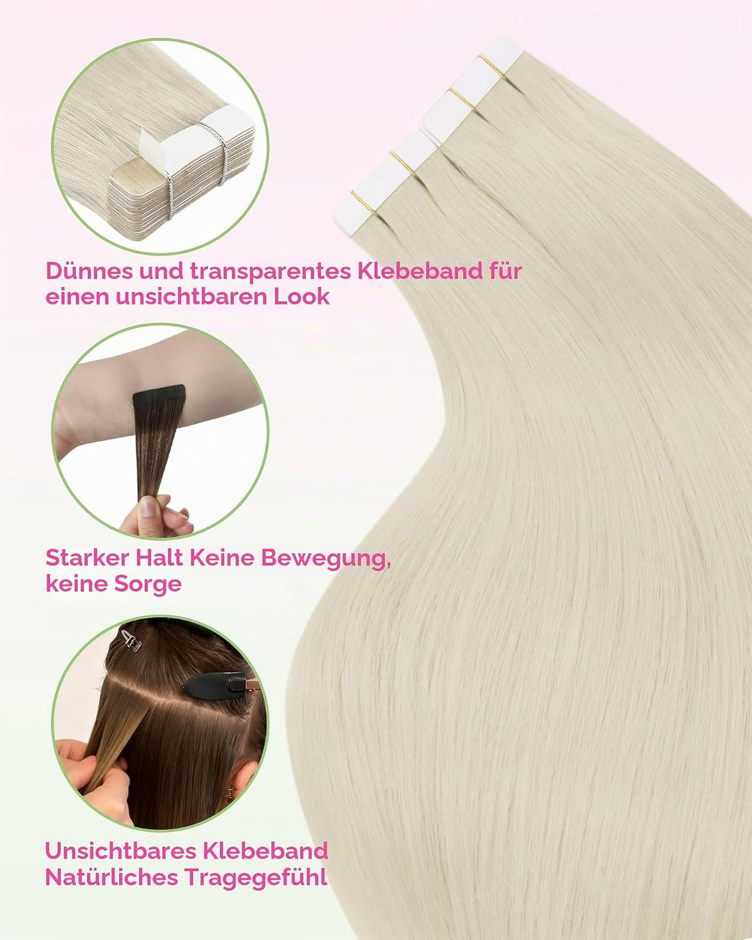 YoungSee Tape Extensions Echthaar Blond Invisible Tape Extensions Platinblond Echthaar Extensions Ta