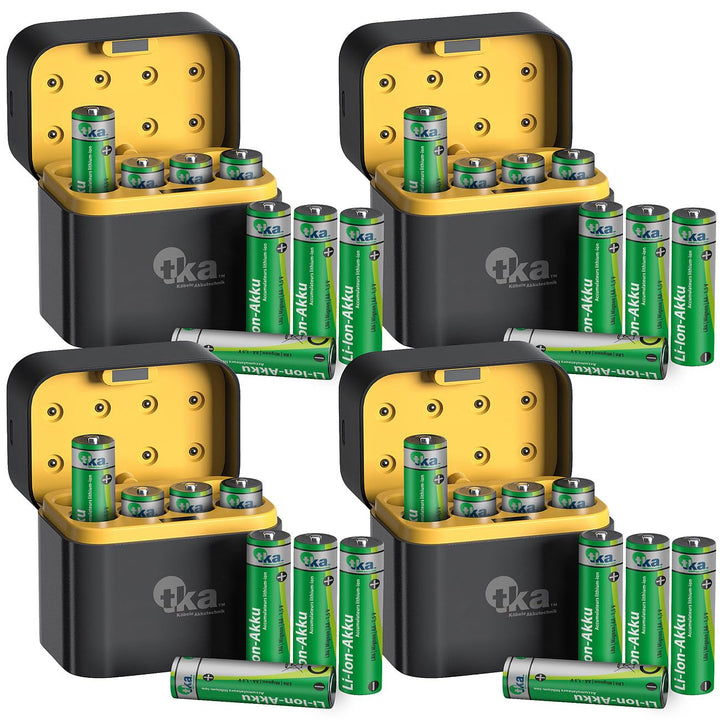 tka Köbele Akkutechnik AA Akku mit Ladegerät: 32er-Set Li-Ion-Akkus Typ AA, 4 USB-C-Ladeboxen, 3600