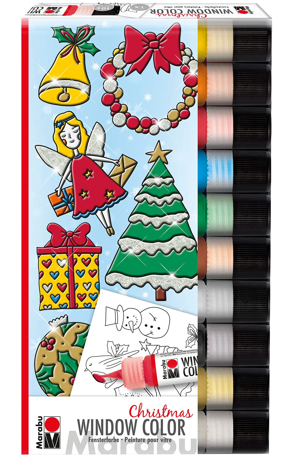 Marabu 0406000013894 - Window Color Christmas Set, 10 Fenstermal-Farben á 25 ml und eine Mal-Vorlage