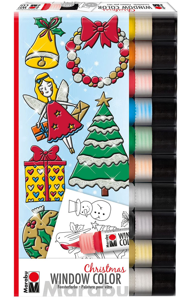 Marabu 0406000013894 - Window Color Christmas Set, 10 Fenstermal-Farben á 25 ml und eine Mal-Vorlage