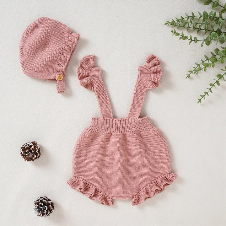 Neugeborenes Mädchen Strap Solide Gestrickte Rüschen Pullover Baby Overall Strampler Mit Hut Outfits